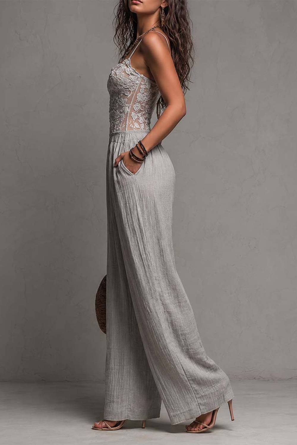 Strap Lace Bodice Elastic Waist Wide‑Leg Jumpsuit With Pockets
