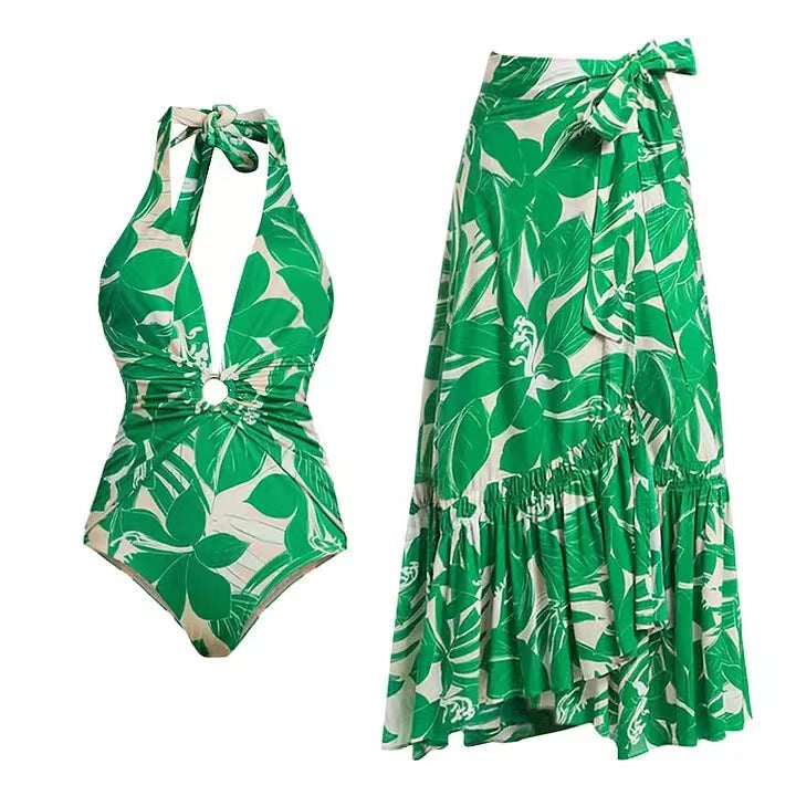 Floral Halter One-piece Swimwear&Wrap Skirt