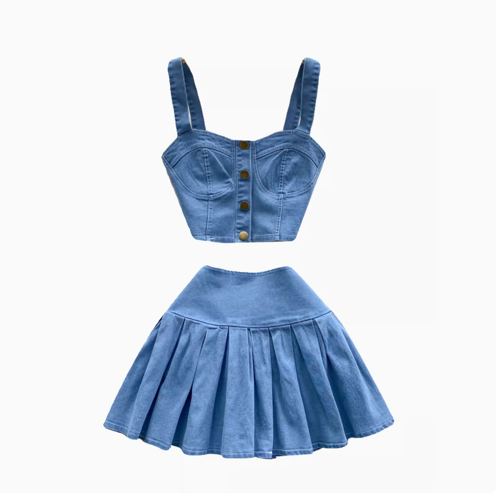 Camisole&Pleated Skirt Denim 2Pcs