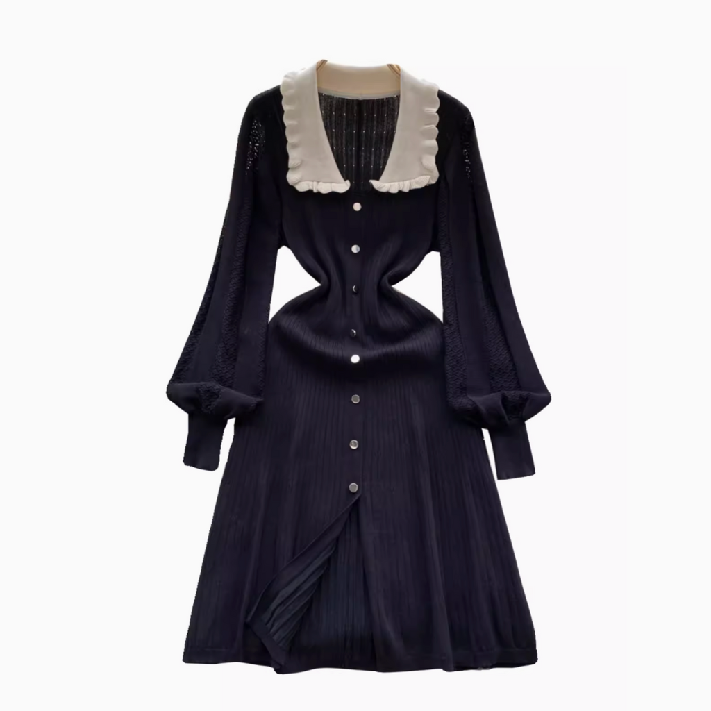 Doll Collar Black Knitted Shirt Dress