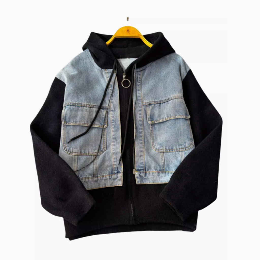 Vintage Denim Patchwork Zipped Jacket