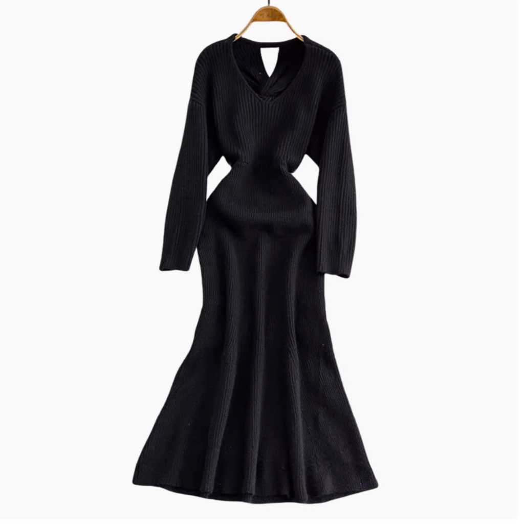 V-neck Knotted Knitted Fishtail Dress