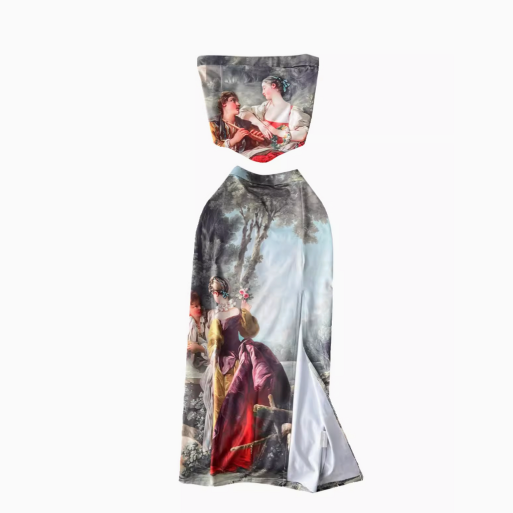 Oil Painting Printed Top&Skirt 2Pcs
