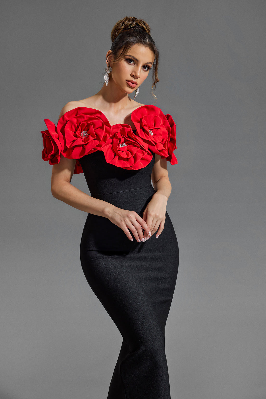 3D Flower Bandage Off Shoulder Midi Dress