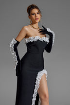 Frill Strapless Split Maxi Dress With Gloves
