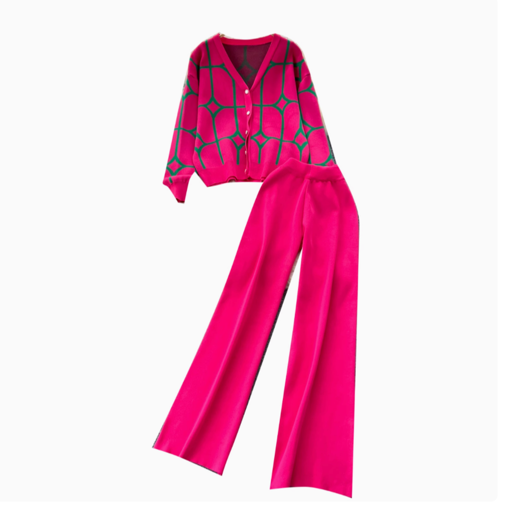 Printed Cardigan&Wide-leg Trousers 2Pcs