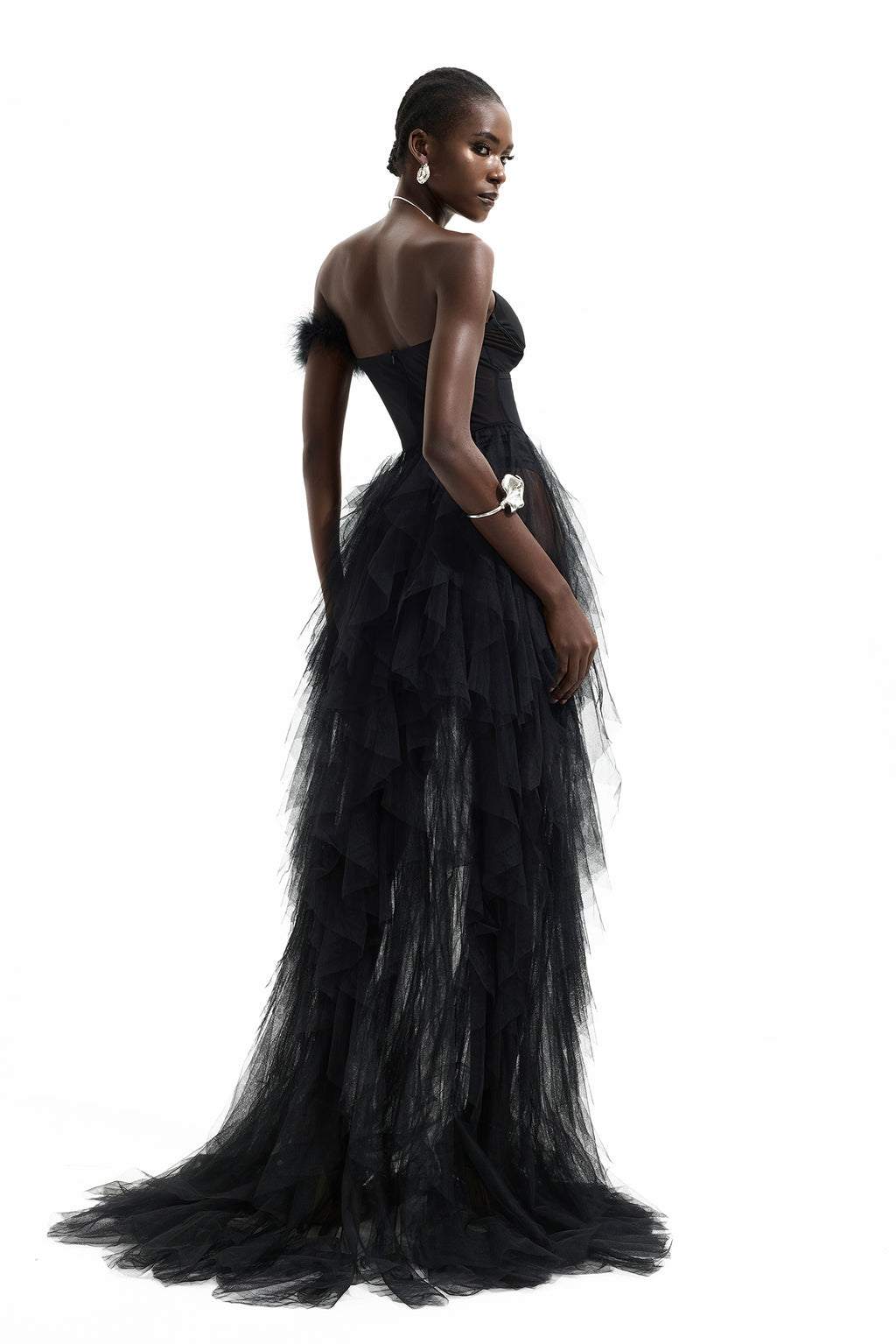 One-Shoulder Feather Trimmed Maxi Dress