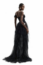 One-Shoulder Feather Trimmed Maxi Dress