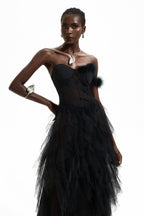 One-Shoulder Feather Trimmed Maxi Dress