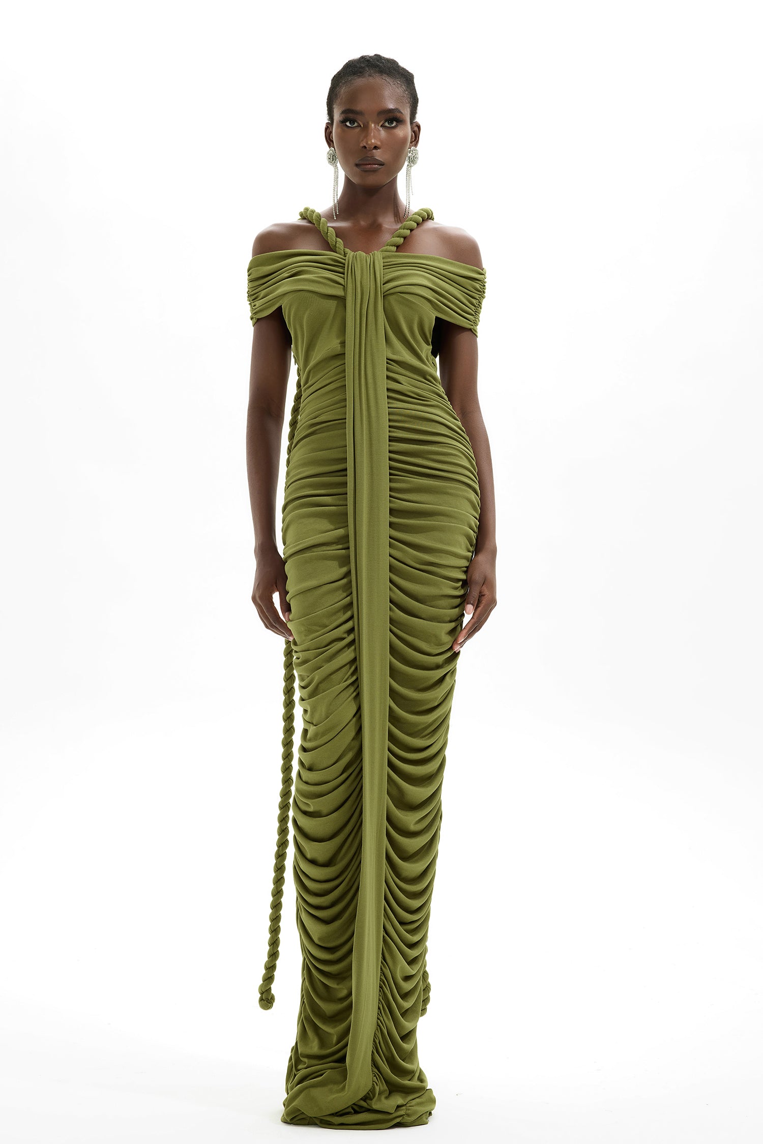 Solid Halter Neck Ruched Maxi Dress