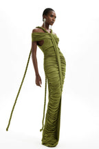 Solid Halter Neck Ruched Maxi Dress