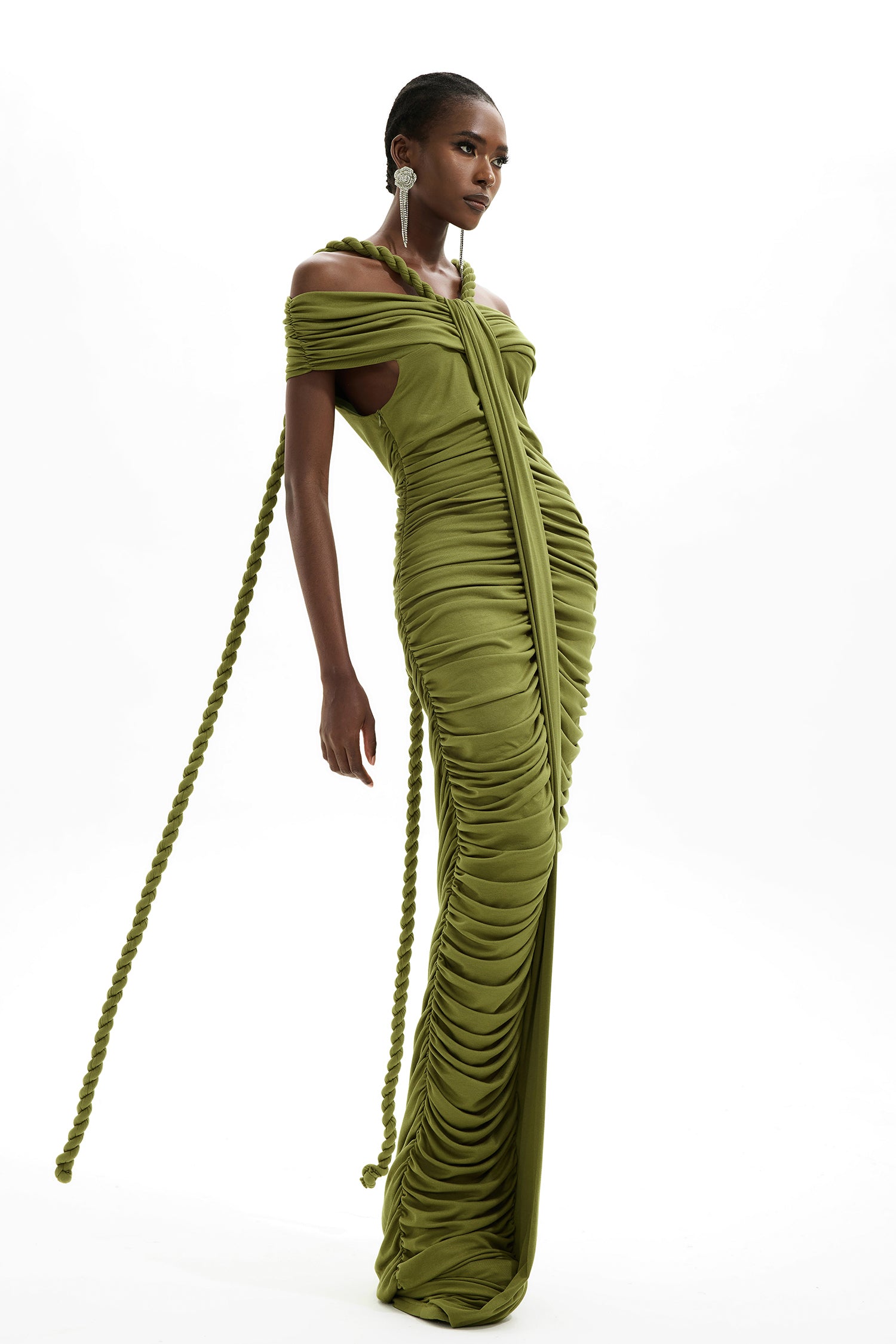Solid Halter Neck Ruched Maxi Dress