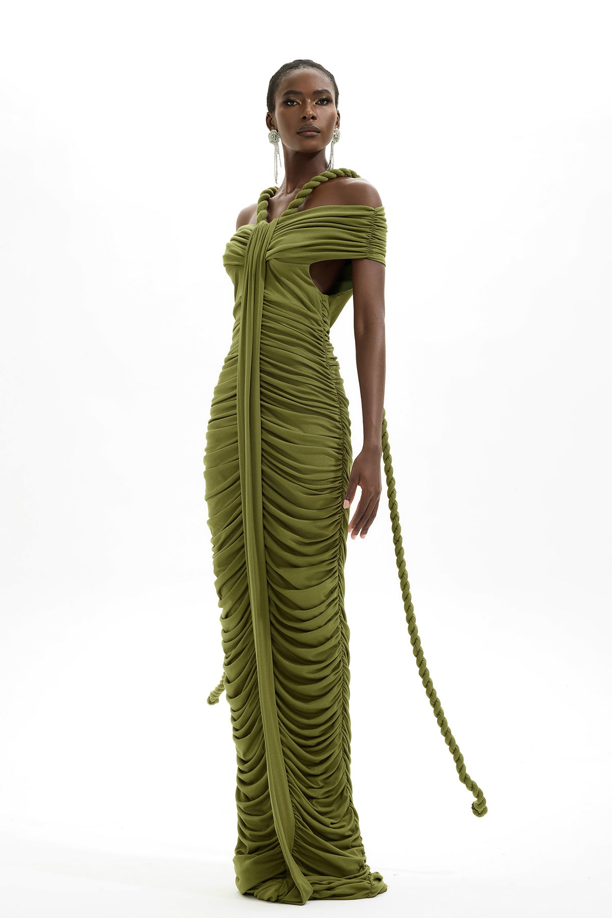 Solid Halter Neck Ruched Maxi Dress