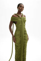 Solid Halter Neck Ruched Maxi Dress