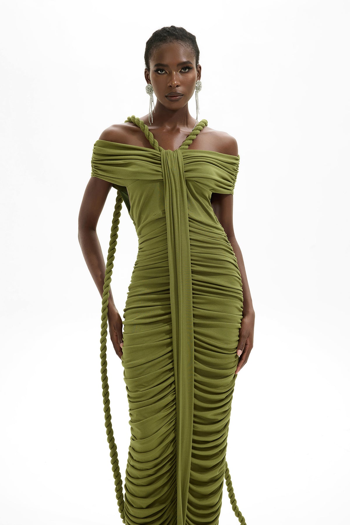 Solid Halter Neck Ruched Maxi Dress