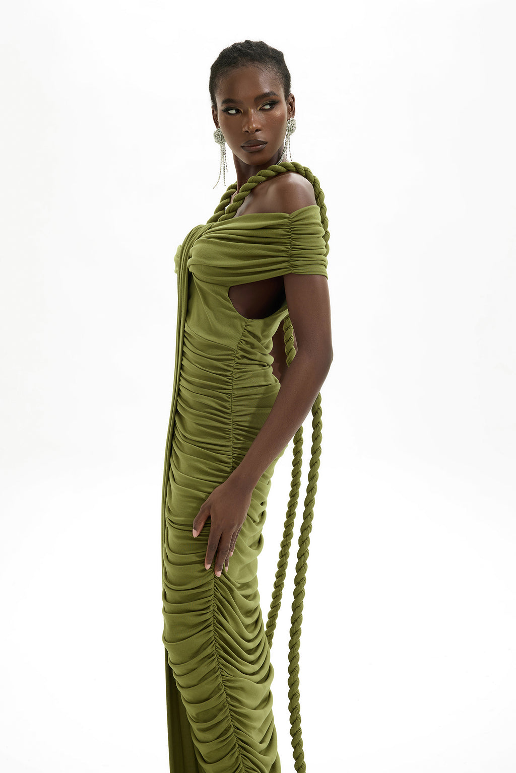 Solid Halter Neck Ruched Maxi Dress