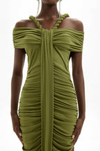 Solid Halter Neck Ruched Maxi Dress