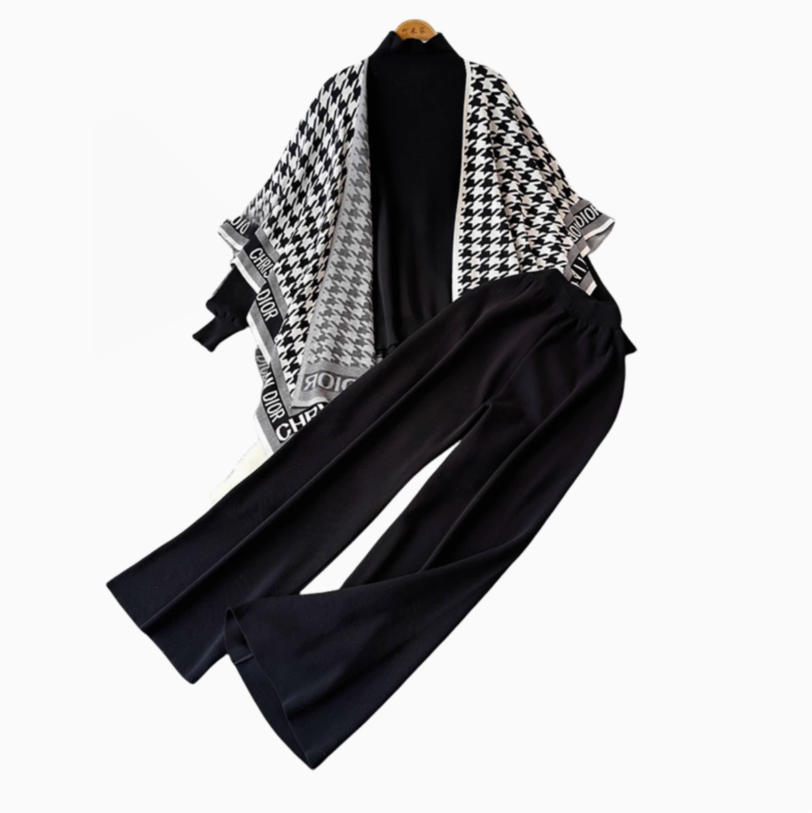 Sweater&Plaid Cardigan&Trousers Knitted 3Pcs