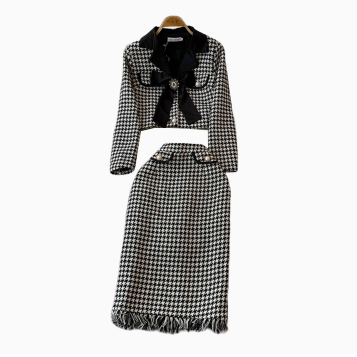 Bow Cardigan&Skirt Houndstooth 2Pcs