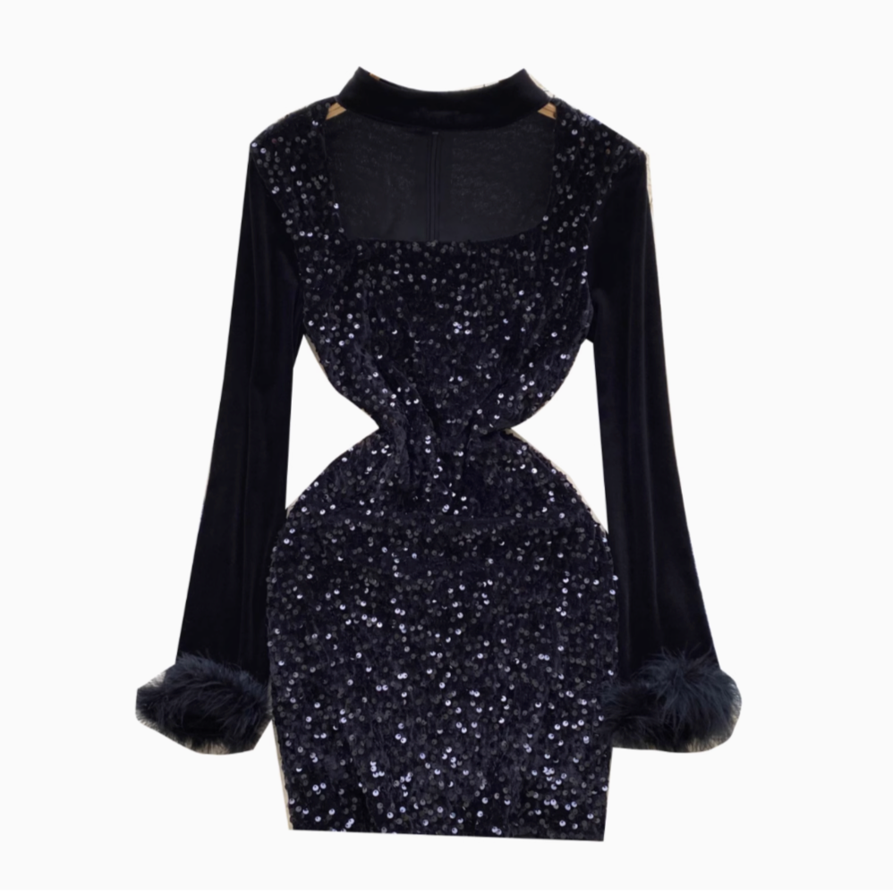 Sequined Mesh Patchwork Black Dress
