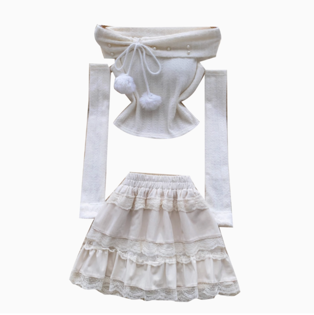 Off-shoulder Top&Ruffled Skirt 2Pcs