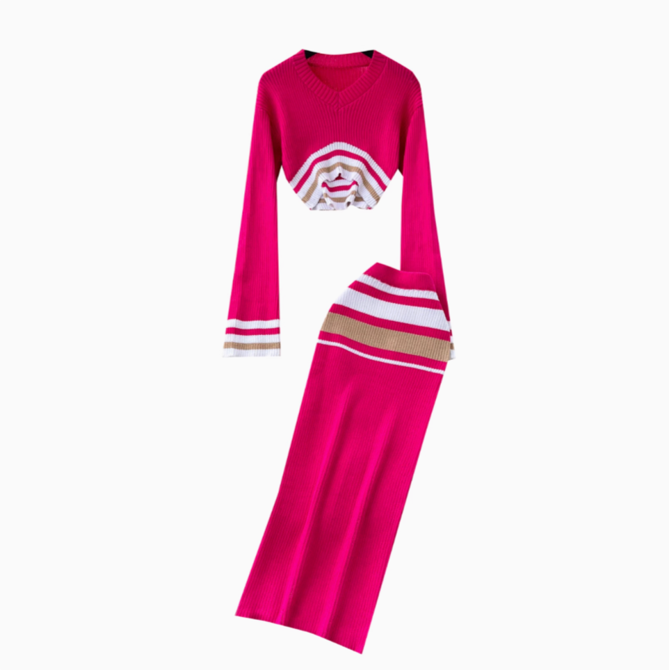 Colorful Stripe Sweater&Skirt Knitted 2Pcs