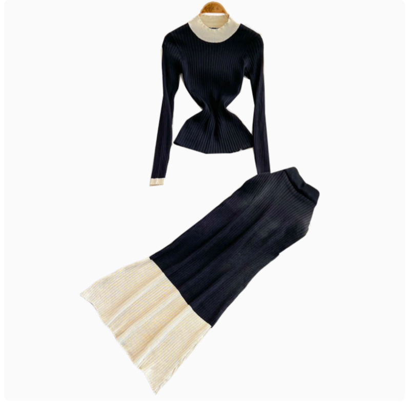 Sweater&Skirt Color-blocking Knitted 2Pcs