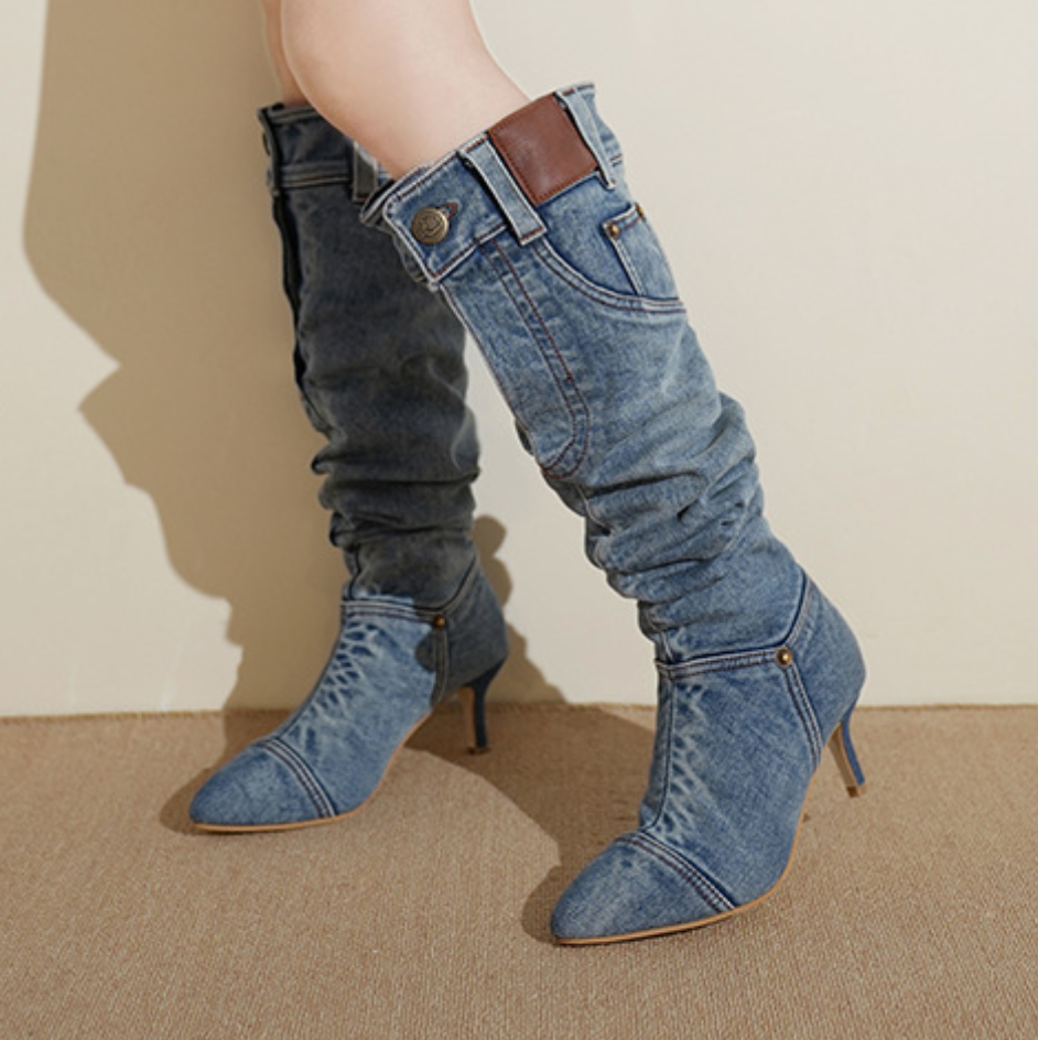 Denim Pointed Toe Stacked Boots