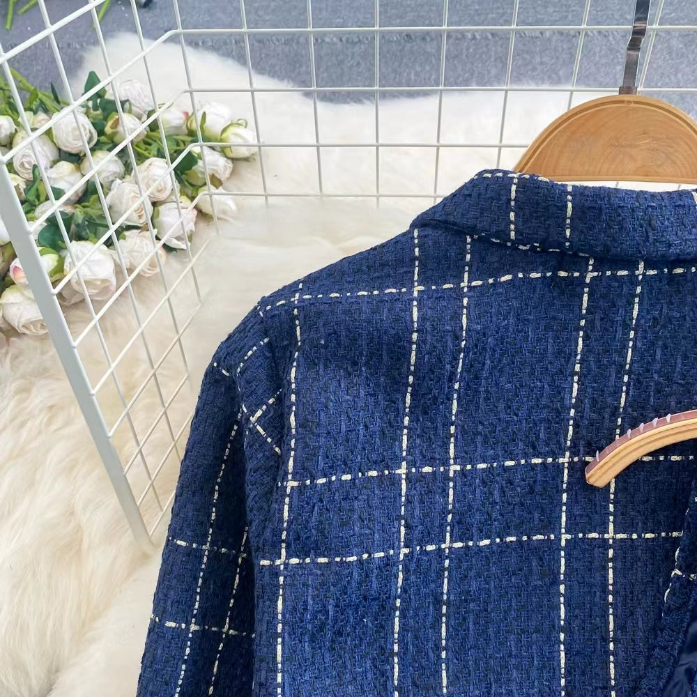 Tweed Plaid Blazer&Skirt 2Pcs