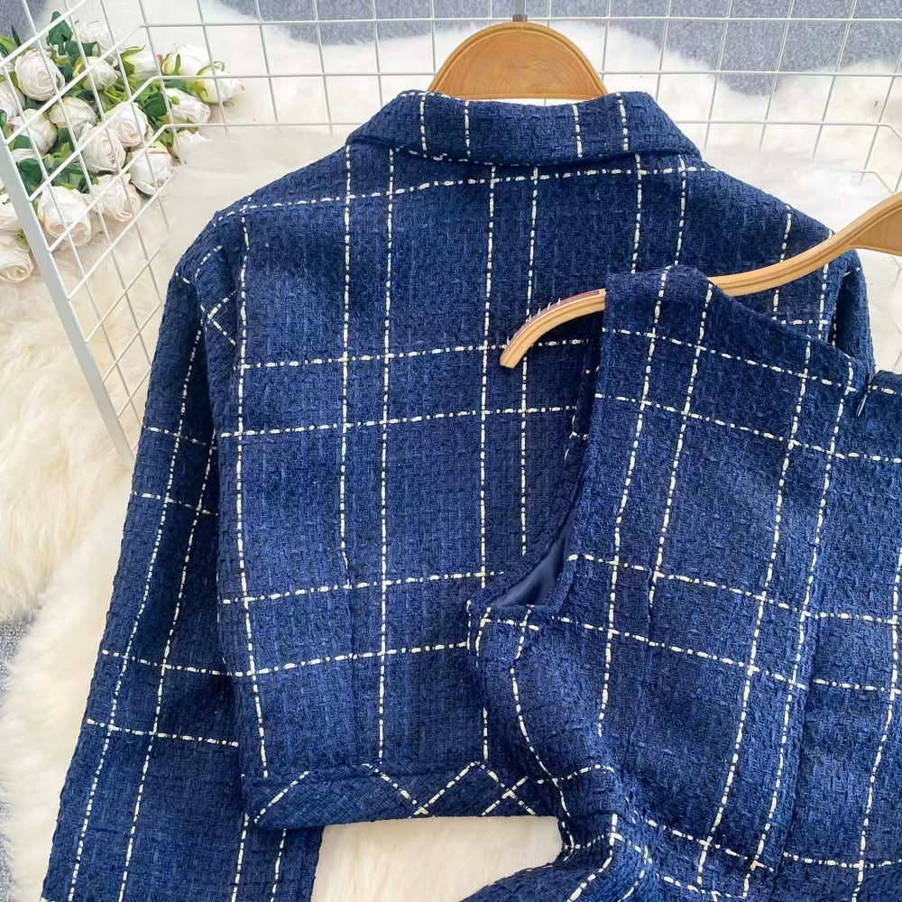 Tweed Plaid Blazer&Skirt 2Pcs