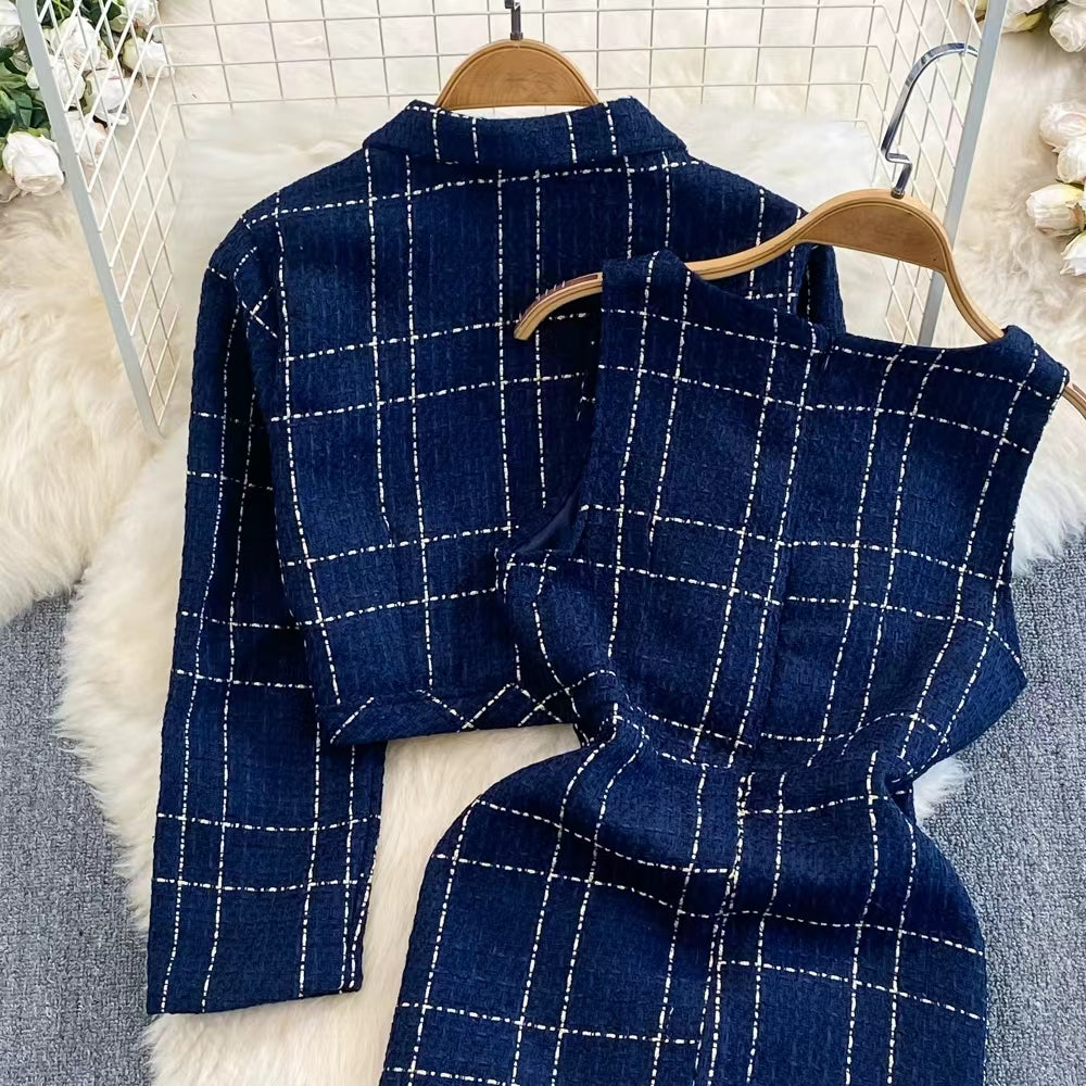 Tweed Plaid Blazer&Skirt 2Pcs
