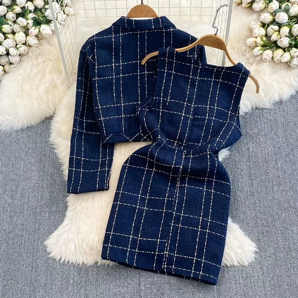 Tweed Plaid Blazer&Skirt 2Pcs