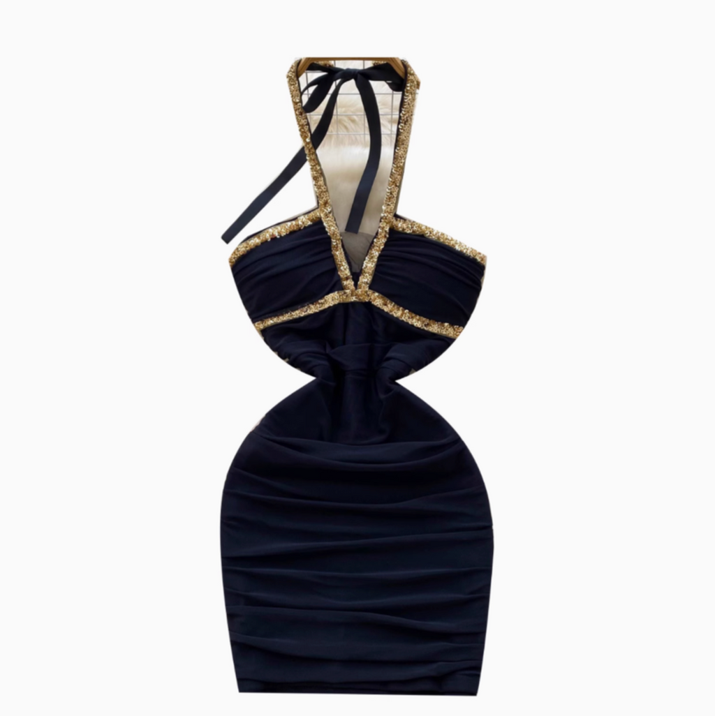 Deep V-neck Sequined Pleated Dress