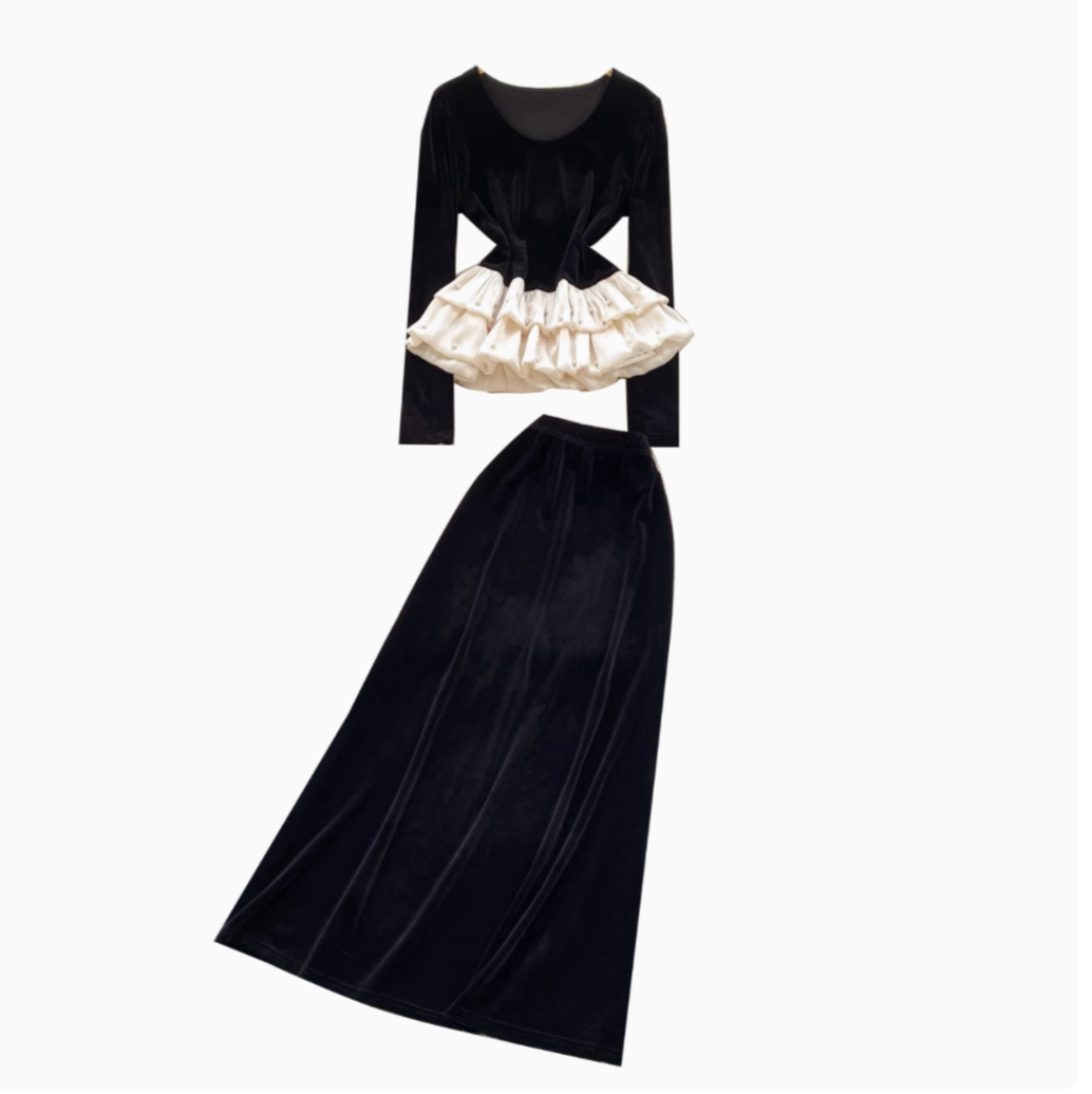 Beaded Ruffled Top & Suede Skirt 2Pcs