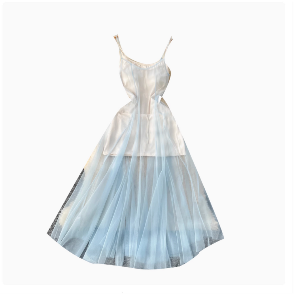 Blue Mesh Outwear & Slip Dress 2Pcs