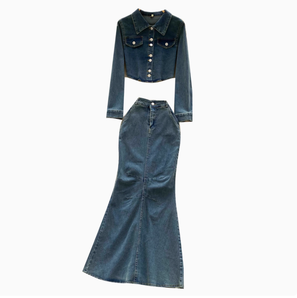 Vintage Denim Shirt & Fishtail Skirt 2Pcs