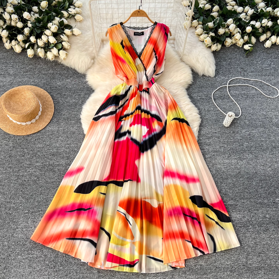 Vintage Tie-dye Printed Sleeveless Dress