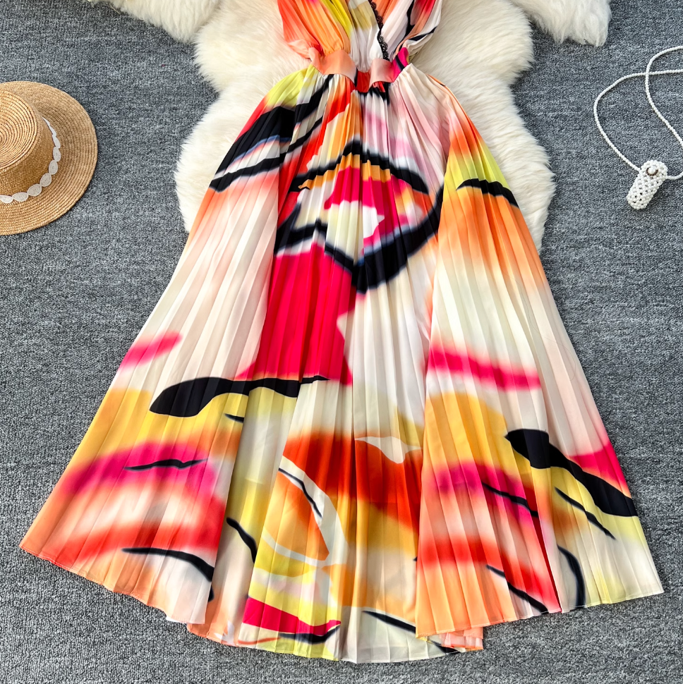 Vintage Tie-dye Printed Sleeveless Dress