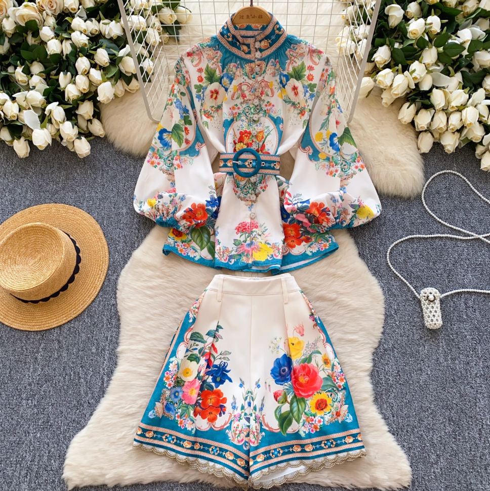 Stand-collar Top & Shorts Floral Printed 2Pcs