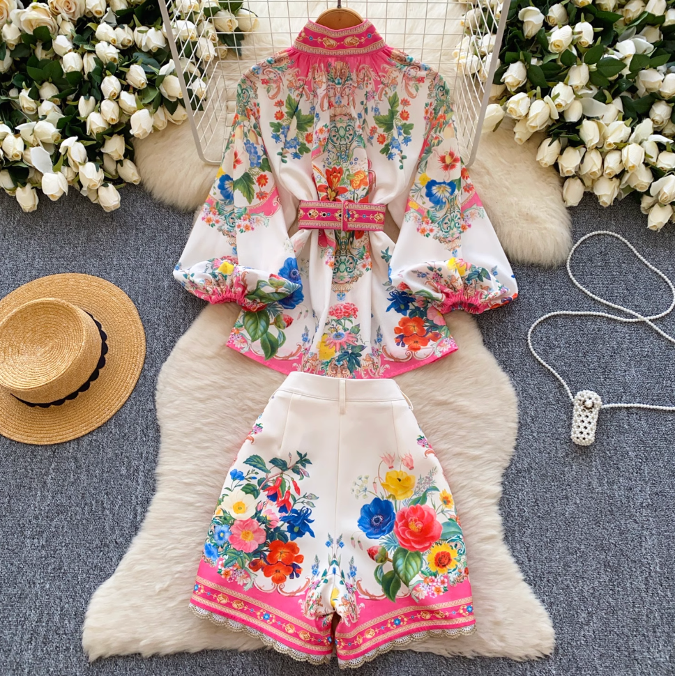 Stand-collar Top & Shorts Floral Printed 2Pcs