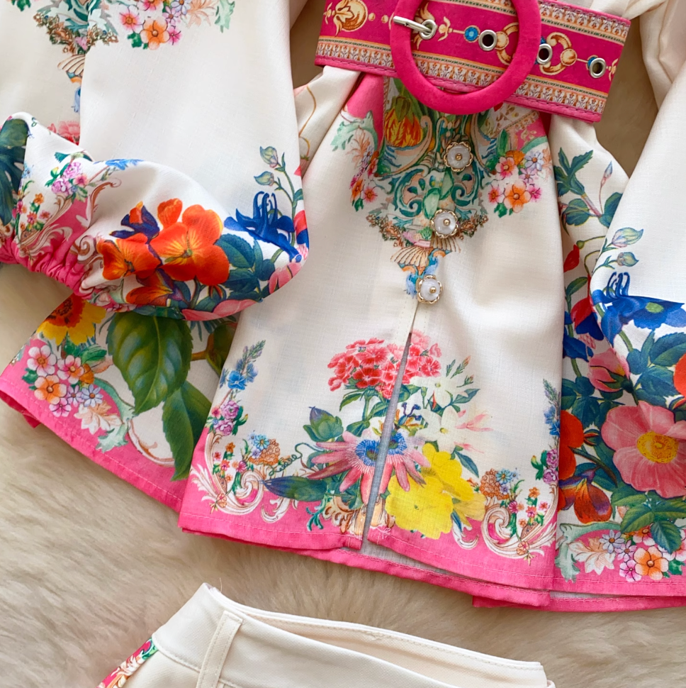 Stand-collar Top & Shorts Floral Printed 2Pcs