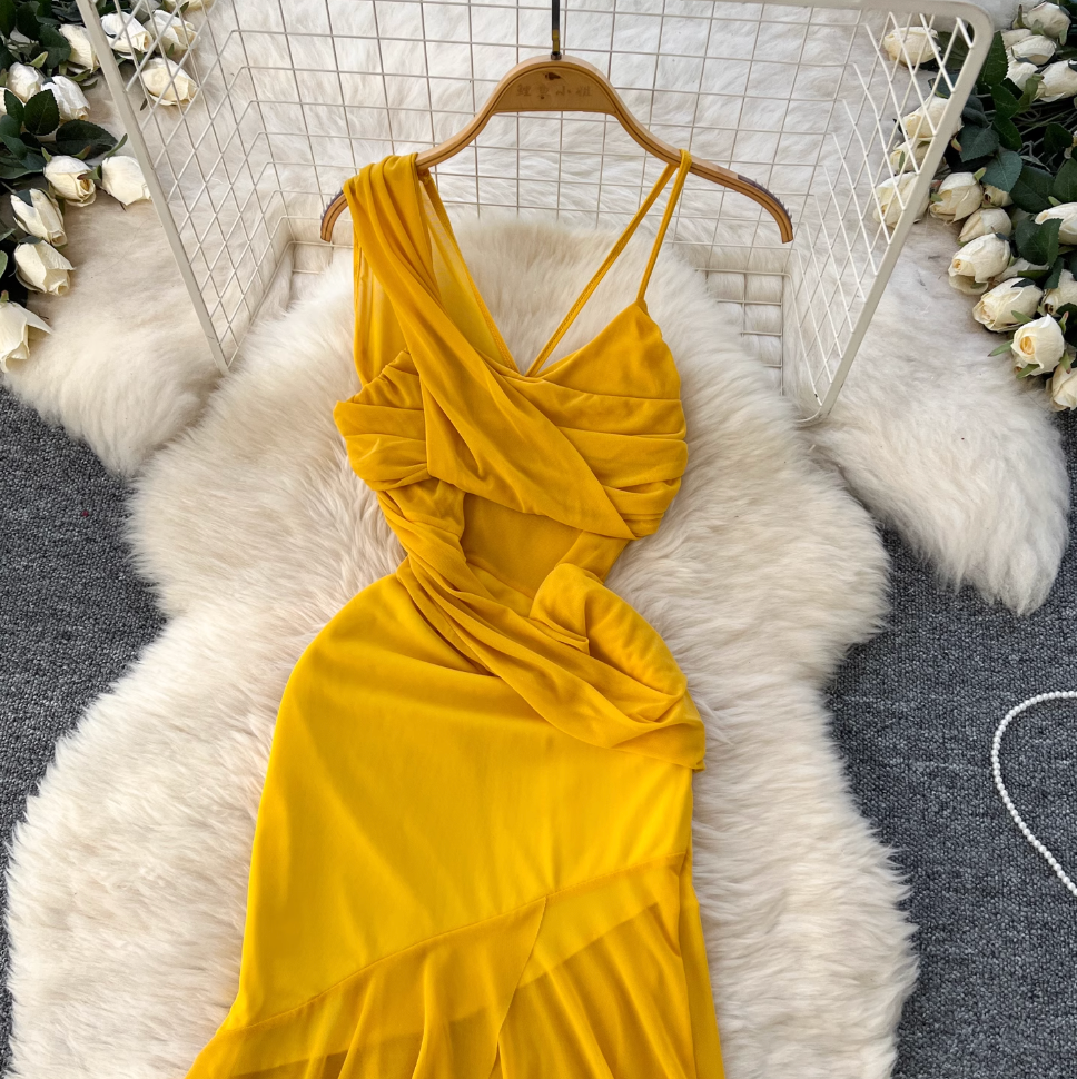 Asymmetric A-line Yellow Slip Dress