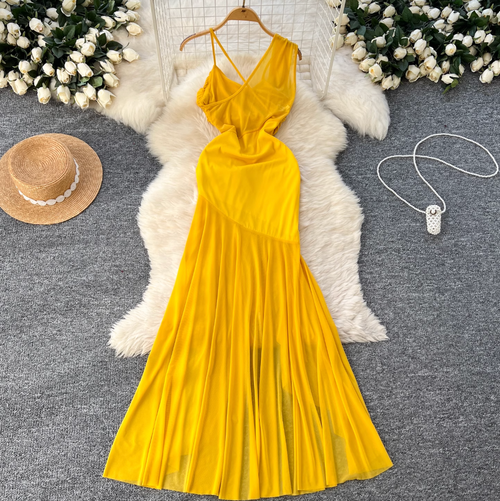 Asymmetric A-line Yellow Slip Dress