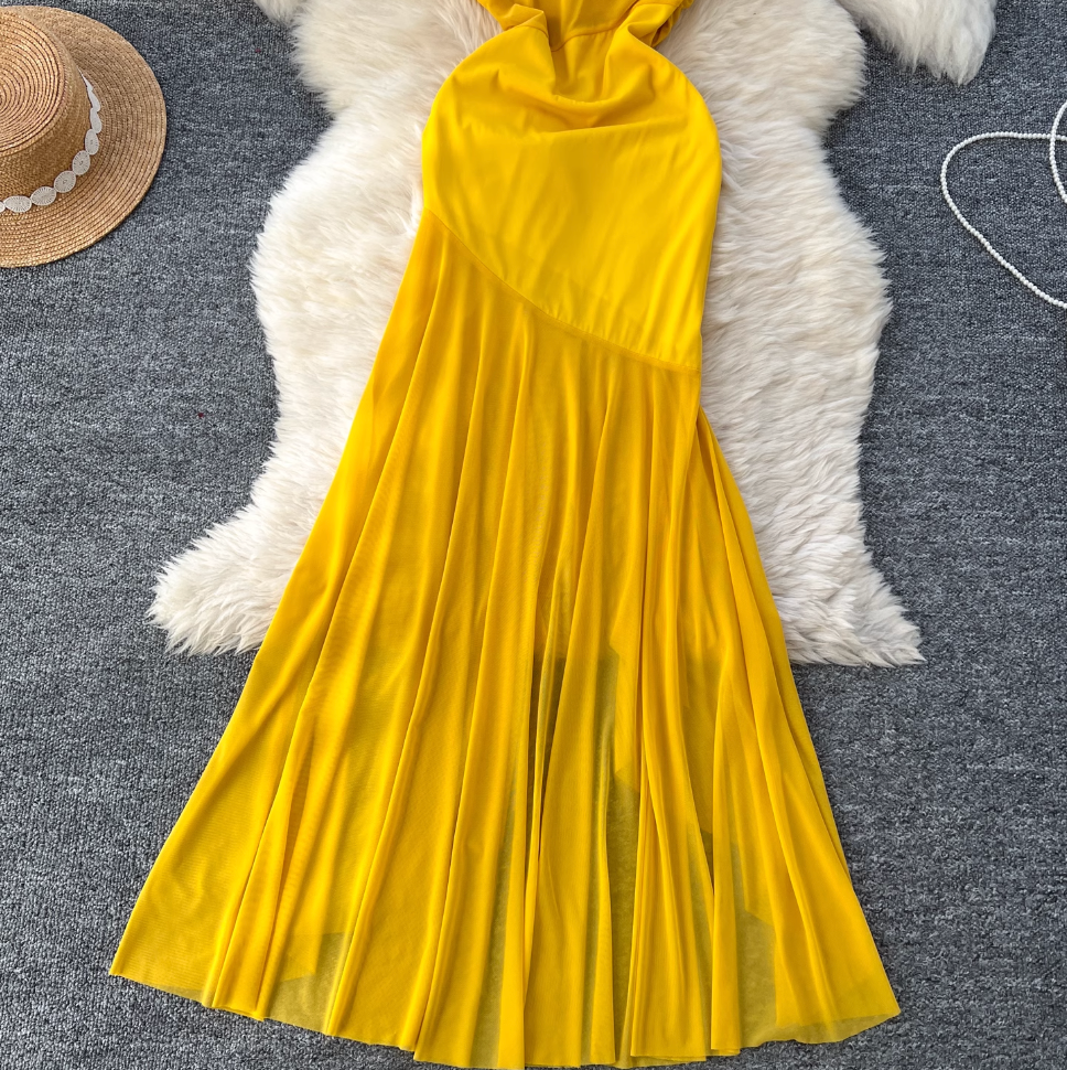 Asymmetric A-line Yellow Slip Dress