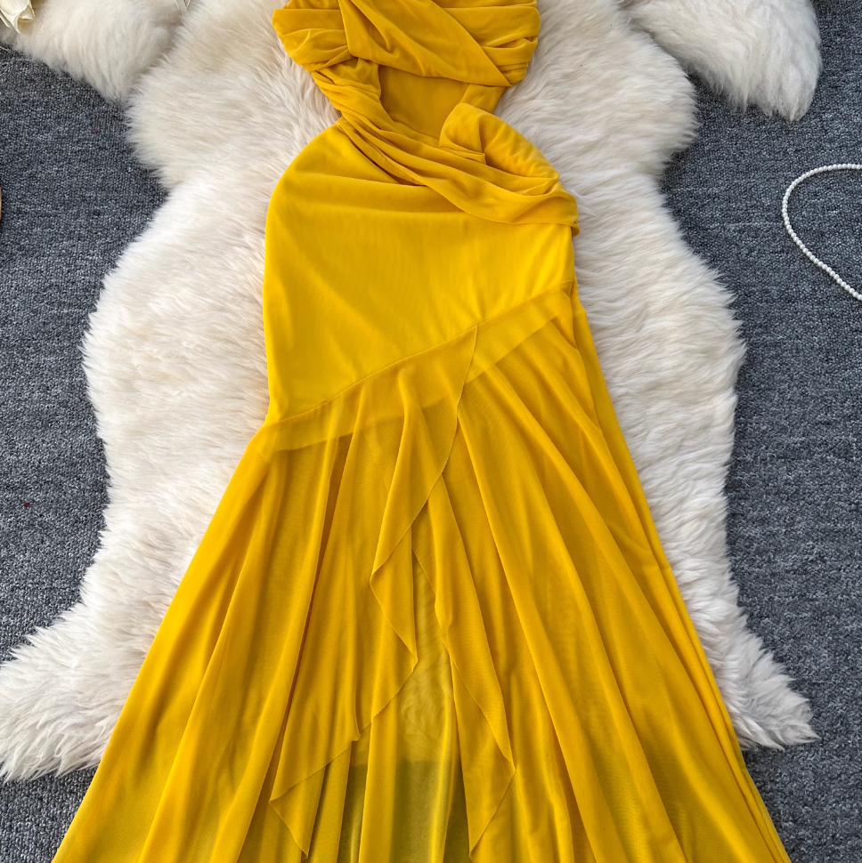 Asymmetric A-line Yellow Slip Dress