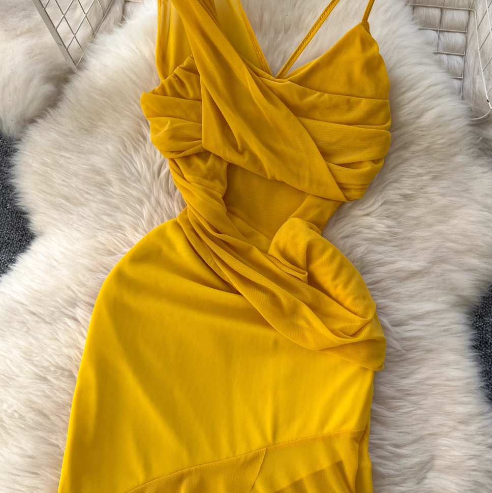Asymmetric A-line Yellow Slip Dress