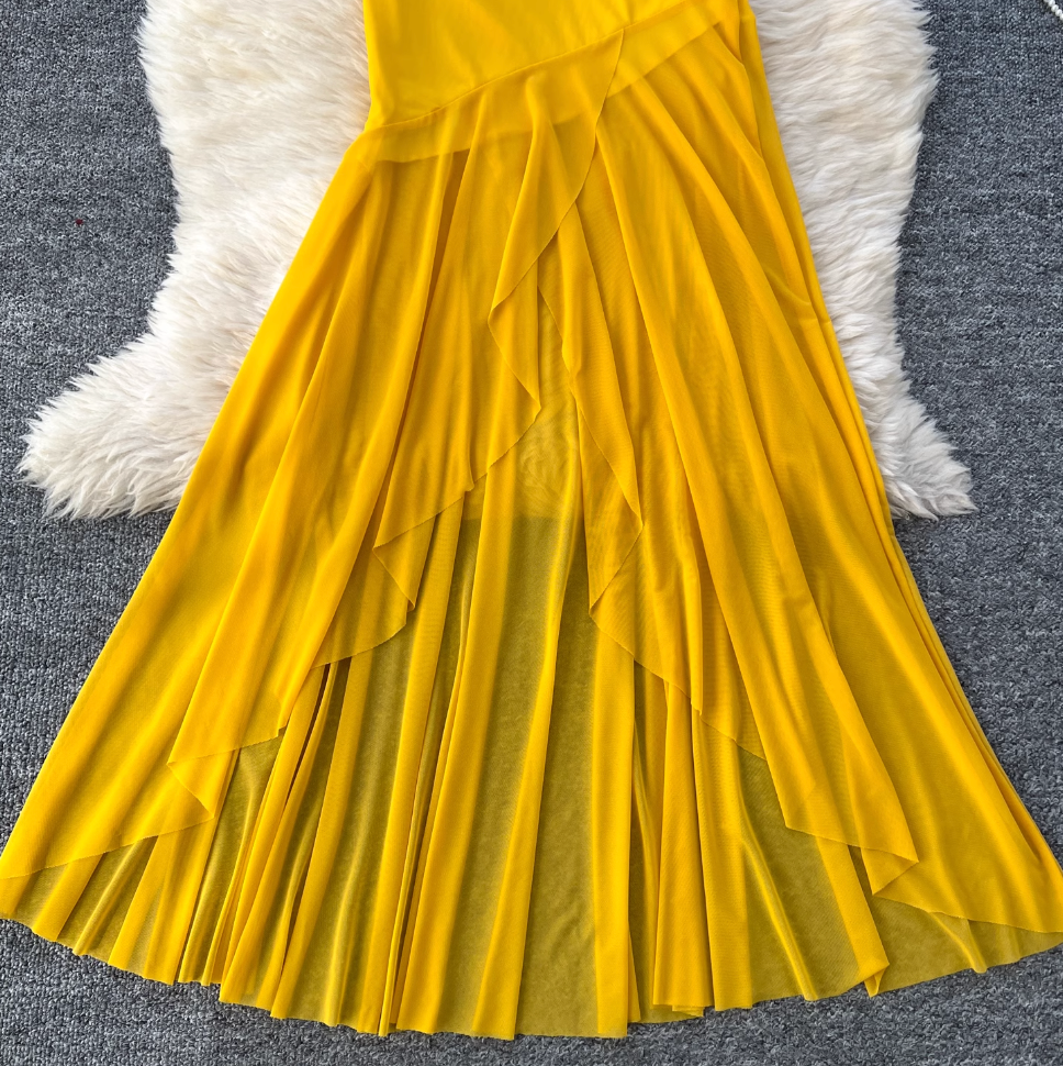 Asymmetric A-line Yellow Slip Dress