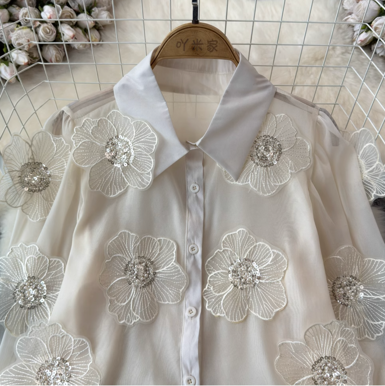 Niche Beaded Flower Embroidered Shirt