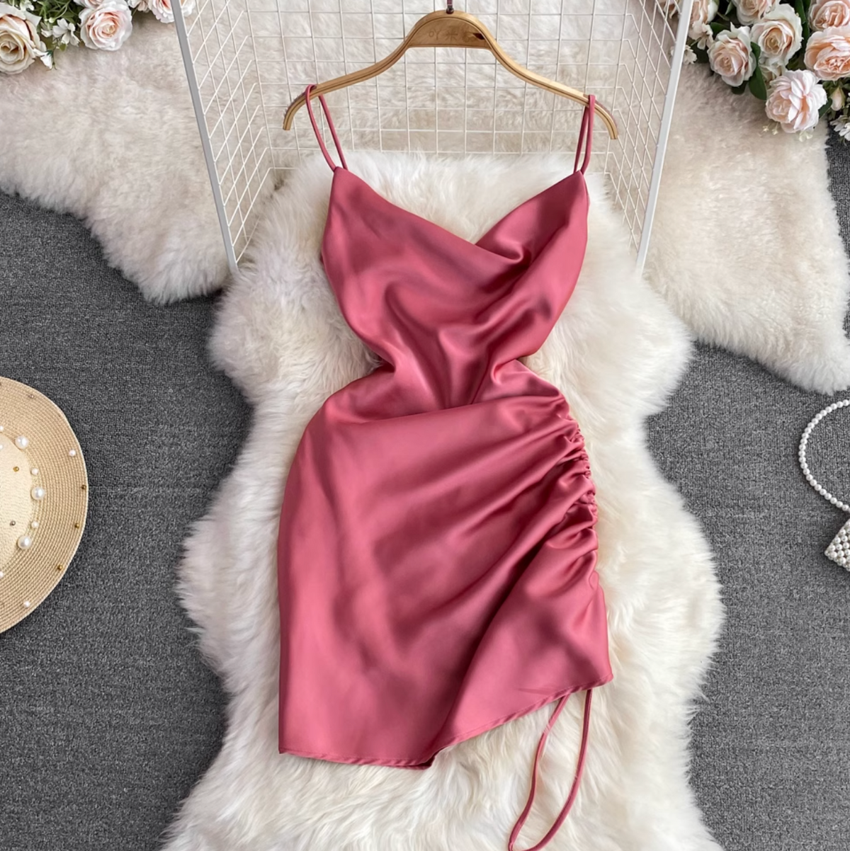 Draped Neckline Drawstring Slip Dress