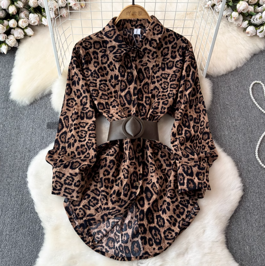 Chic Leopard Printed Shirt with Belt